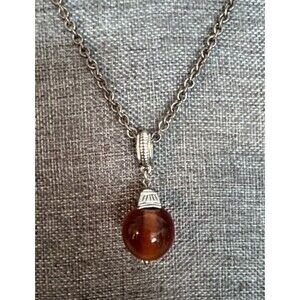 VTG NAPIER Amber Art Glass Necklace Silver Tone Chain Evenings Out 30 In